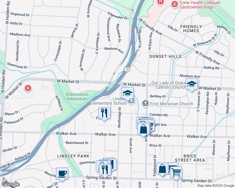 map of restaurants, bars, coffee shops, grocery stores, and more near 110 Northridge Street in Greensboro