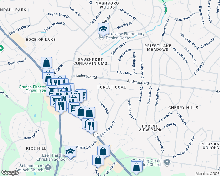 map of restaurants, bars, coffee shops, grocery stores, and more near 1500 Twin Circle Drive in Nashville