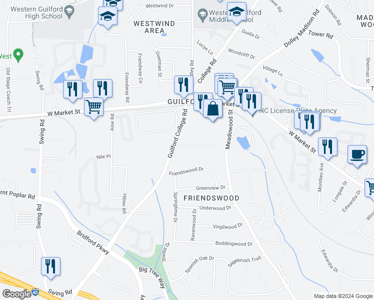 map of restaurants, bars, coffee shops, grocery stores, and more near 5723 Hackney Road in Greensboro