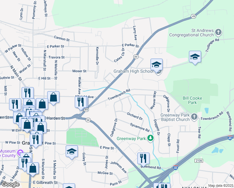 map of restaurants, bars, coffee shops, grocery stores, and more near 608 Townbranch Road in Graham