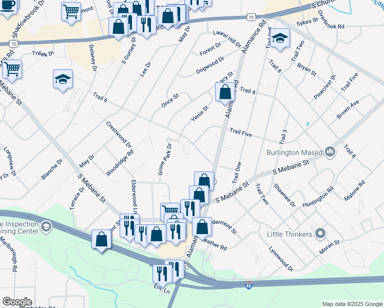 map of restaurants, bars, coffee shops, grocery stores, and more near 2703 Kingsbury Court in Burlington