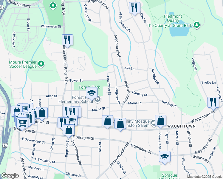 map of restaurants, bars, coffee shops, grocery stores, and more near 1705 Peachtree Street in Winston-Salem