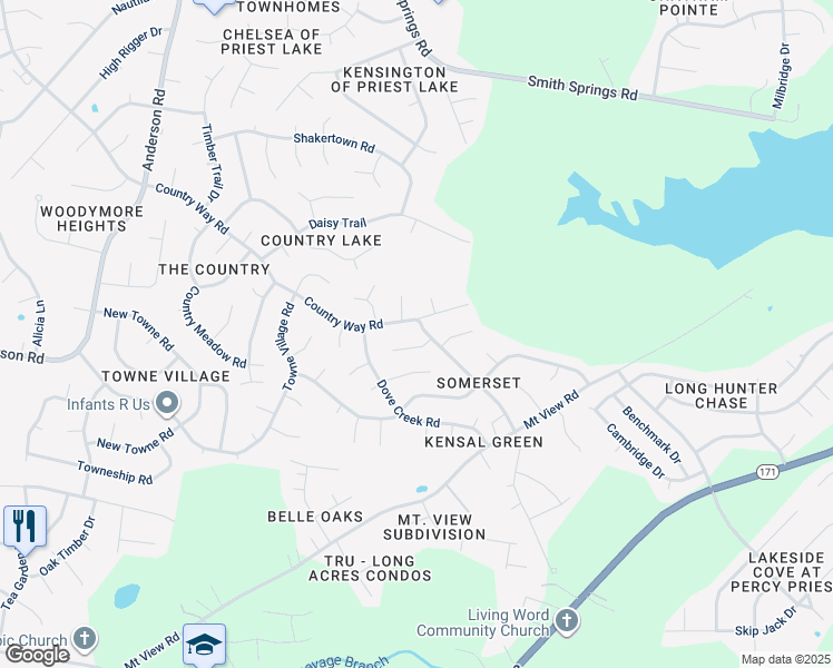 map of restaurants, bars, coffee shops, grocery stores, and more near 3604 Huntingboro Trail in Nashville