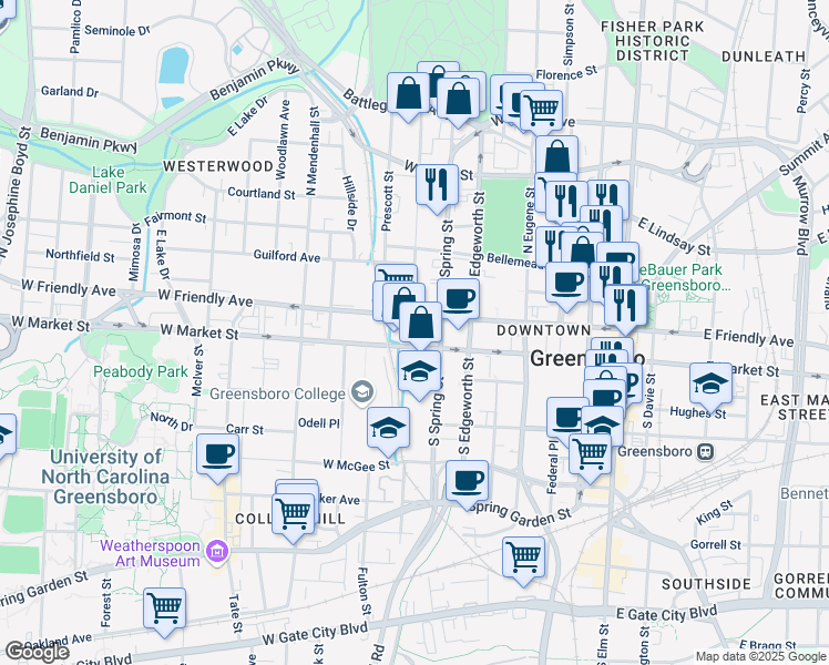 map of restaurants, bars, coffee shops, grocery stores, and more near 148 North Cedar Street in Greensboro