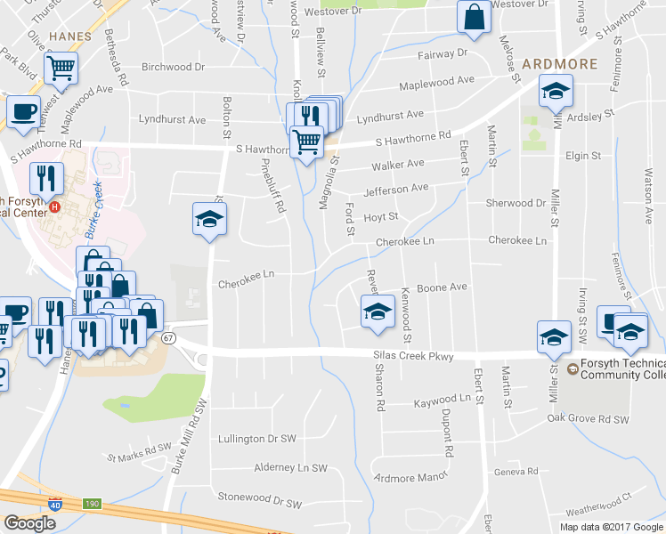 map of restaurants, bars, coffee shops, grocery stores, and more near 2608 Cherokee Ln in Winston-Salem