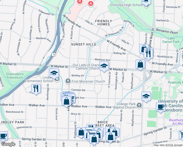 map of restaurants, bars, coffee shops, grocery stores, and more near in Greensboro
