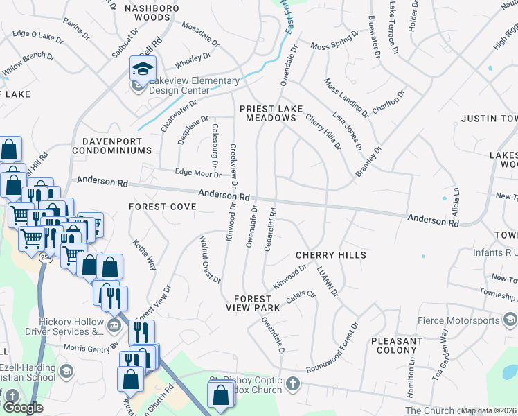 map of restaurants, bars, coffee shops, grocery stores, and more near 2904 Owendale Drive in Nashville