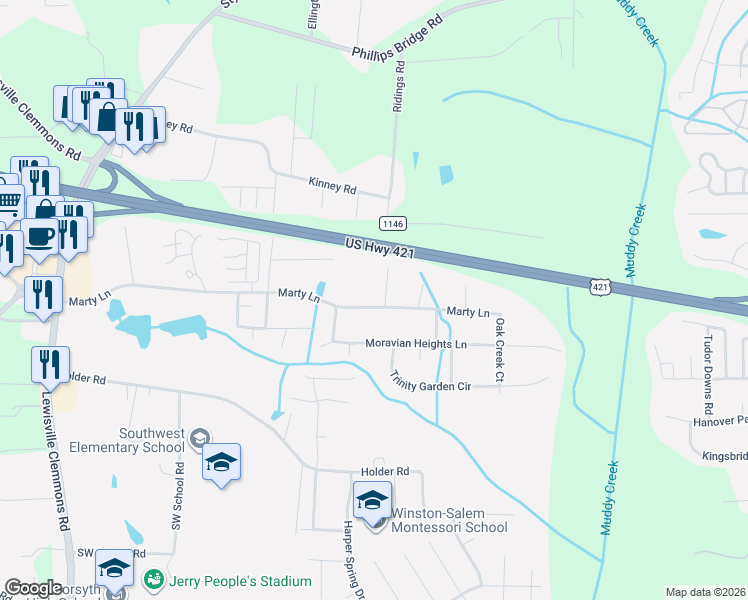 map of restaurants, bars, coffee shops, grocery stores, and more near 5705 Marty Lane in Clemmons