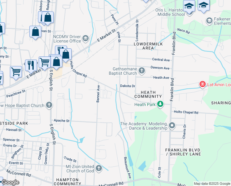 map of restaurants, bars, coffee shops, grocery stores, and more near 3512 Holts Chapel Road in Greensboro