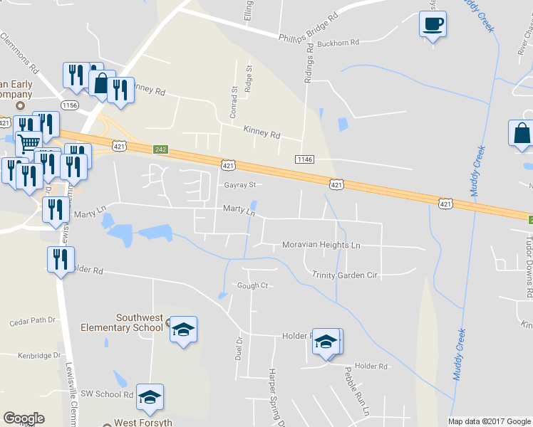 map of restaurants, bars, coffee shops, grocery stores, and more near 5735 Marty Lane in Clemmons