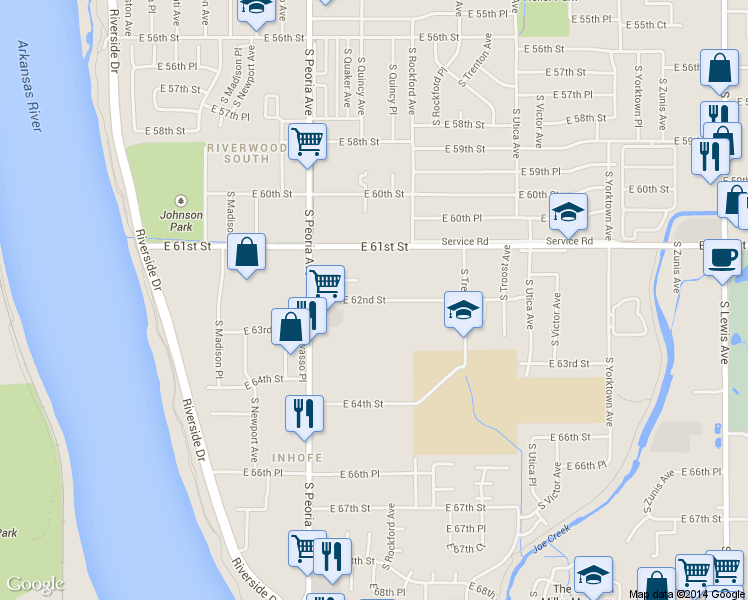 map of restaurants, bars, coffee shops, grocery stores, and more near 1421 East 62nd Street in Tulsa