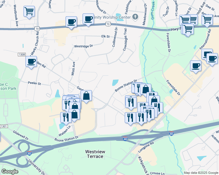map of restaurants, bars, coffee shops, grocery stores, and more near 791 Boone Station Drive in Burlington