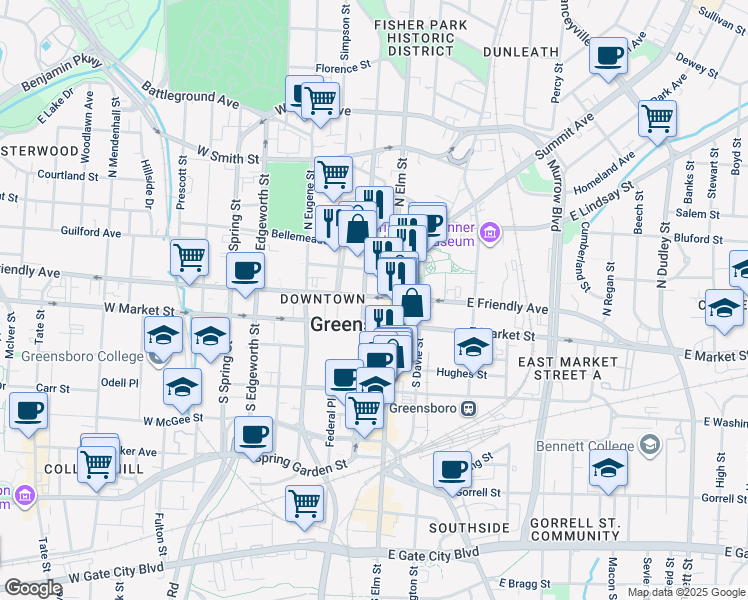 map of restaurants, bars, coffee shops, grocery stores, and more near 113 West Friendly Avenue in Greensboro