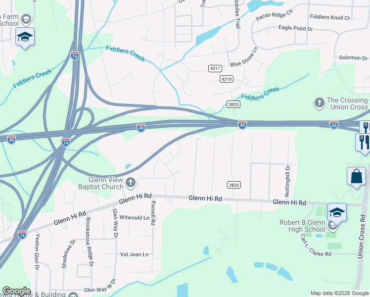 map of restaurants, bars, coffee shops, grocery stores, and more near 4428 Ansley Drive in Winston-Salem