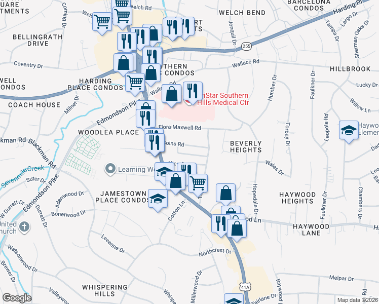 map of restaurants, bars, coffee shops, grocery stores, and more near 4310 Old Goins Road in Nashville
