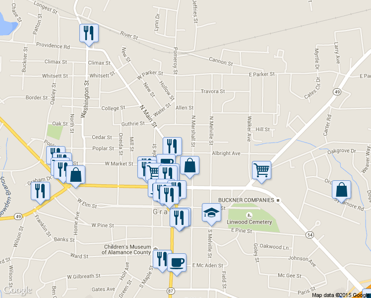 map of restaurants, bars, coffee shops, grocery stores, and more near 110 Albright Avenue in Graham