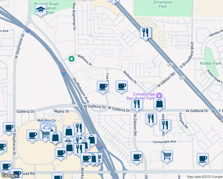 map of restaurants, bars, coffee shops, grocery stores, and more near 1050 West Galleria Drive in Henderson