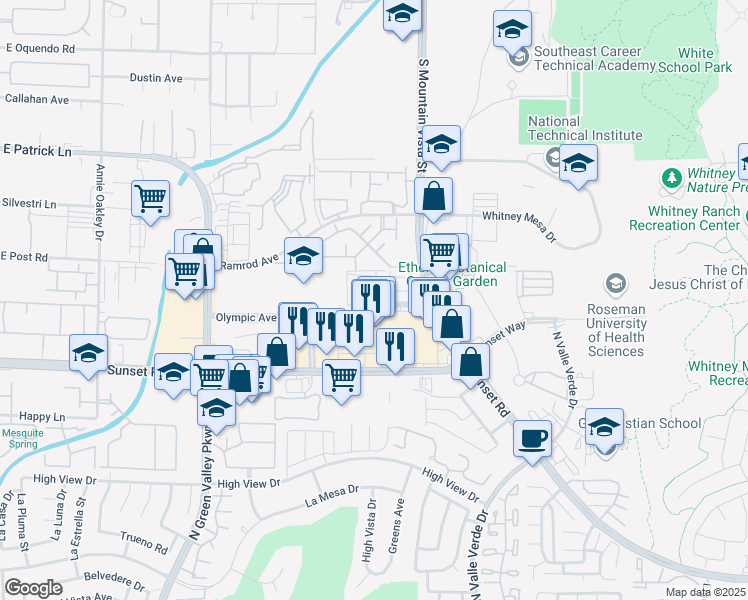 map of restaurants, bars, coffee shops, grocery stores, and more near 2050 Olympic Avenue in Henderson