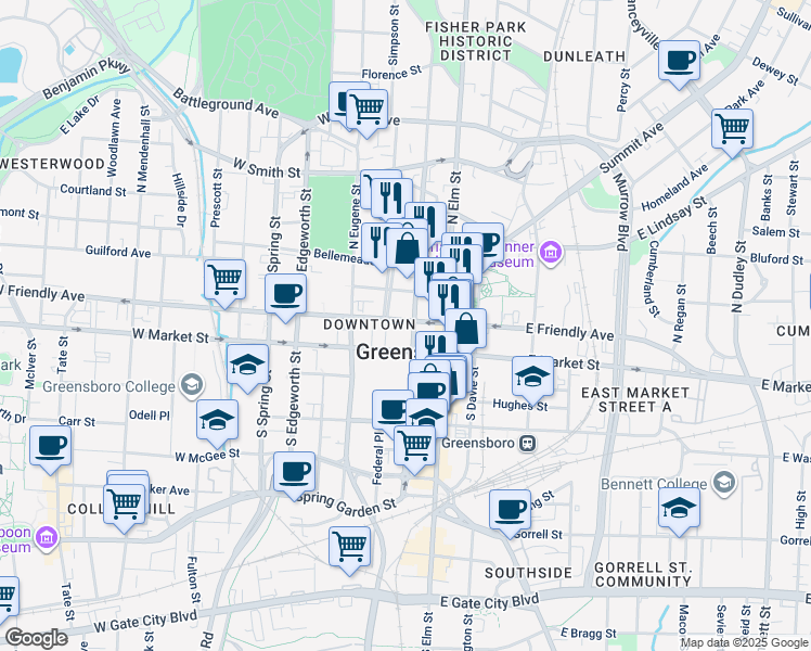 map of restaurants, bars, coffee shops, grocery stores, and more near in Greensboro