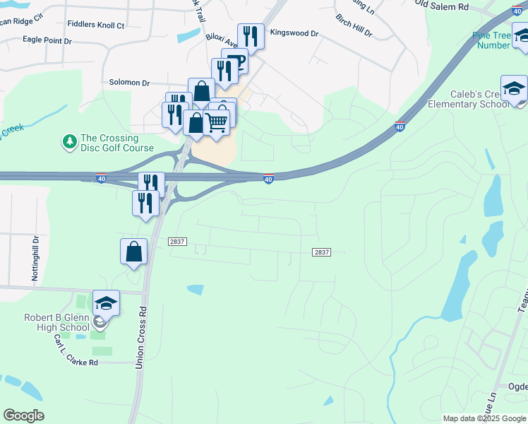 map of restaurants, bars, coffee shops, grocery stores, and more near Interstate 40 in Kernersville