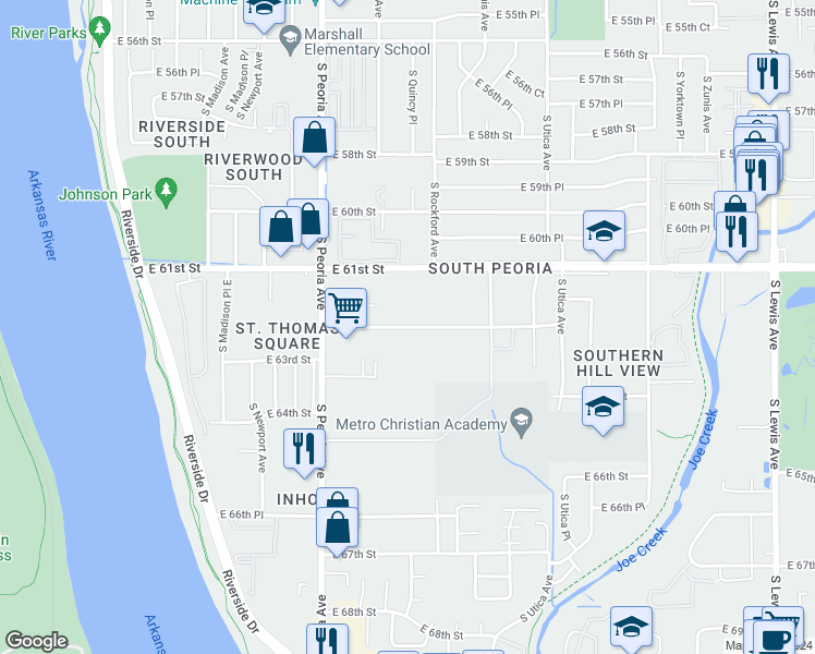 map of restaurants, bars, coffee shops, grocery stores, and more near 1421 East 62nd Street in Tulsa