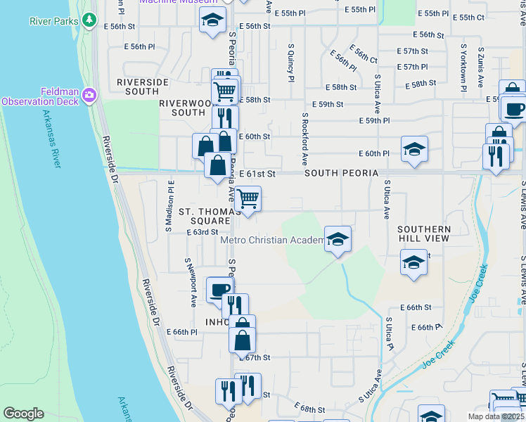 map of restaurants, bars, coffee shops, grocery stores, and more near 1343 East 62nd Street in Tulsa