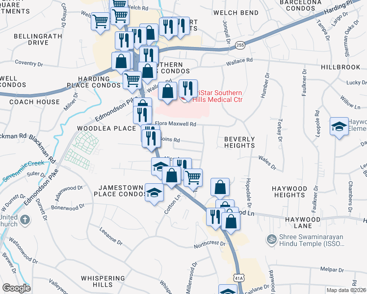 map of restaurants, bars, coffee shops, grocery stores, and more near 4310 Old Goins Road in Nashville