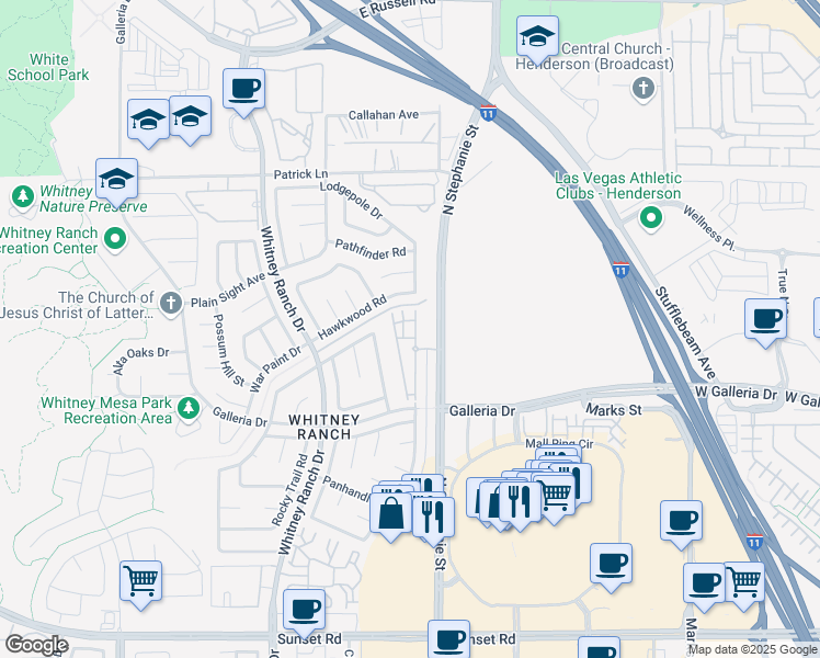 map of restaurants, bars, coffee shops, grocery stores, and more near 855 North Stephanie Street in Henderson