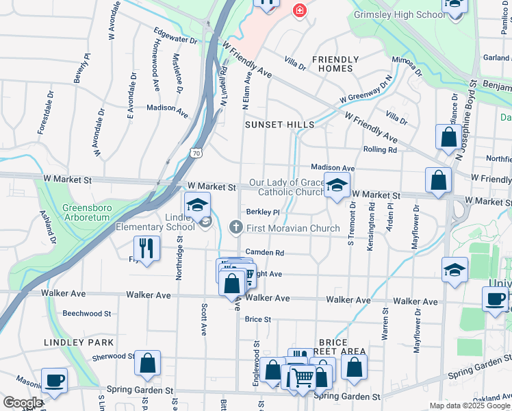 map of restaurants, bars, coffee shops, grocery stores, and more near 2514 Berkley Pl in Greensboro