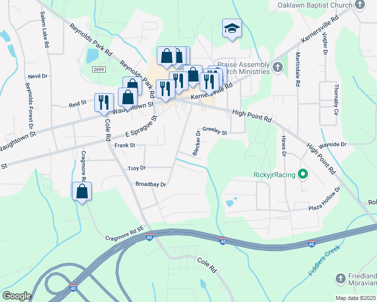 map of restaurants, bars, coffee shops, grocery stores, and more near 2370 Blecker Drive in Winston-Salem