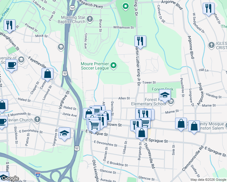 map of restaurants, bars, coffee shops, grocery stores, and more near 1920 Dacian Street in Winston-Salem