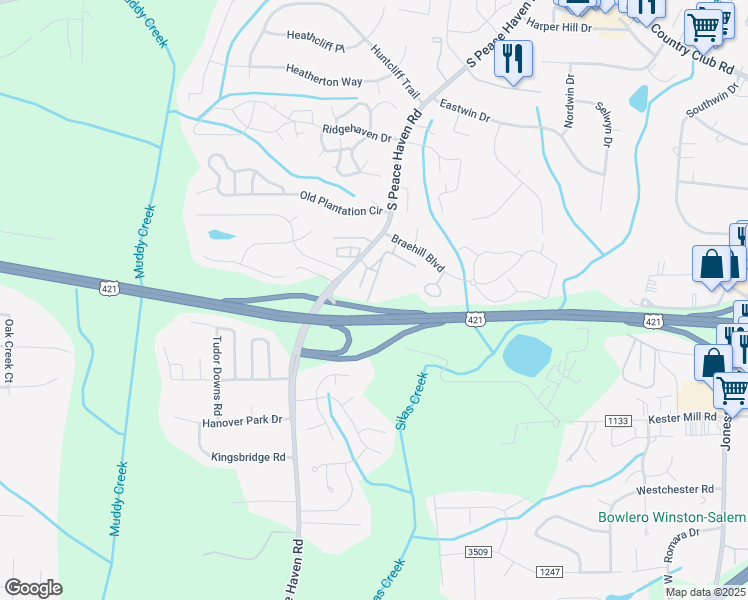 map of restaurants, bars, coffee shops, grocery stores, and more near 419 Haven Ridge Drive in Winston-Salem