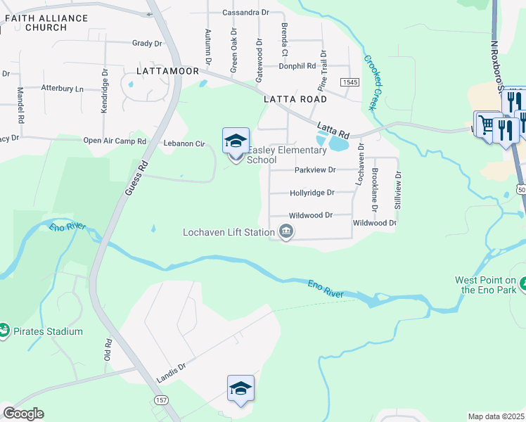 map of restaurants, bars, coffee shops, grocery stores, and more near 4601 Kinlock Drive in Durham