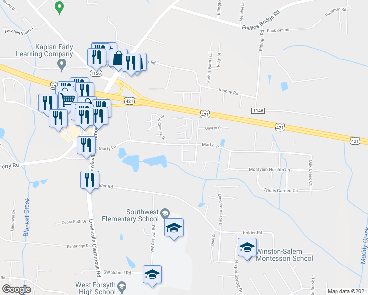 map of restaurants, bars, coffee shops, grocery stores, and more near 5901 Katlas Trail in Clemmons