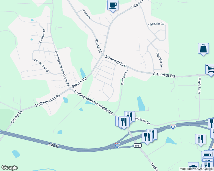 map of restaurants, bars, coffee shops, grocery stores, and more near 1517 Copper Circle in Mebane