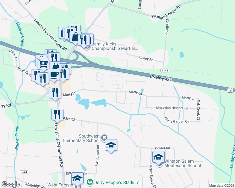 map of restaurants, bars, coffee shops, grocery stores, and more near 5901 Katlas Trail in Clemmons