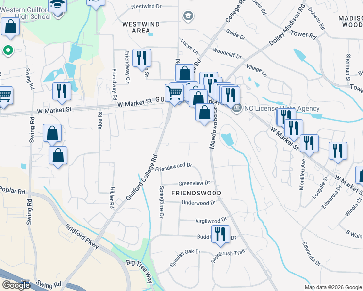 map of restaurants, bars, coffee shops, grocery stores, and more near 5723 Hackney Road in Greensboro