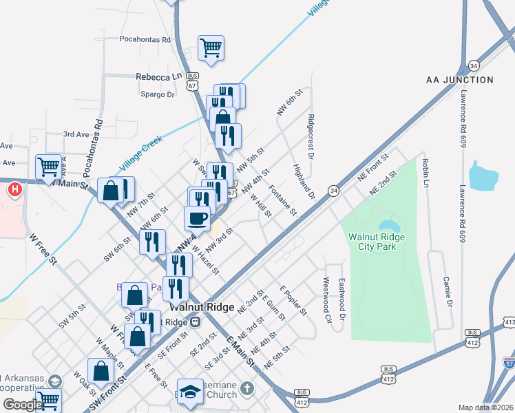 map of restaurants, bars, coffee shops, grocery stores, and more near 301 West Hill Street in Walnut Ridge