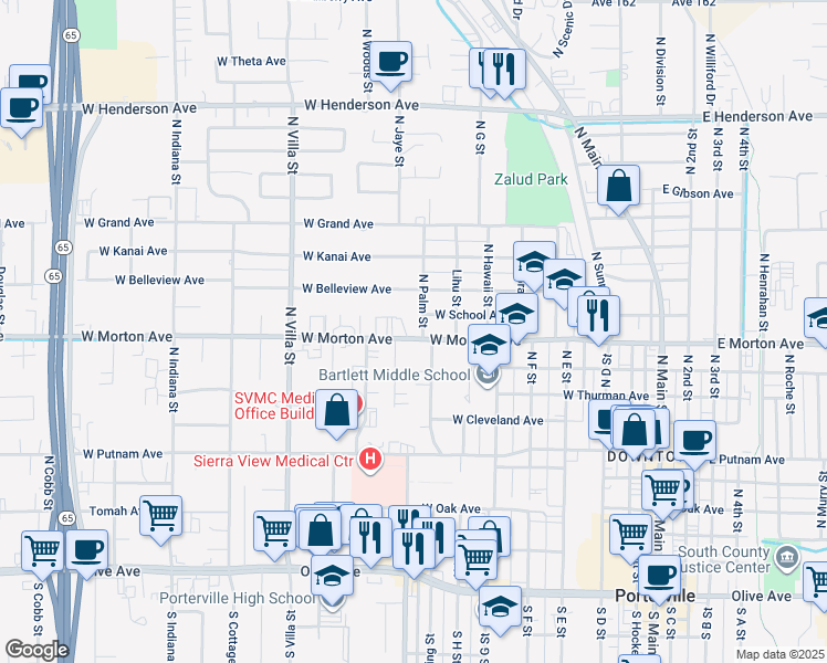 map of restaurants, bars, coffee shops, grocery stores, and more near 390 West Morton Avenue in Porterville