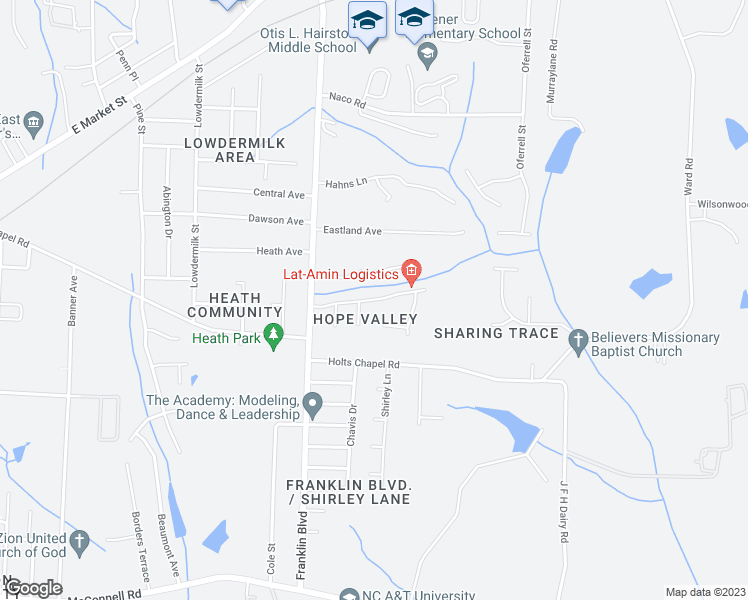 map of restaurants, bars, coffee shops, grocery stores, and more near 4102 Hope Valley Lane in Greensboro