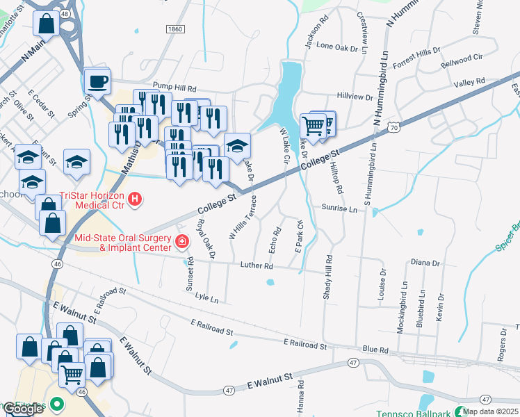 map of restaurants, bars, coffee shops, grocery stores, and more near 103 East Hills Terrace in Dickson