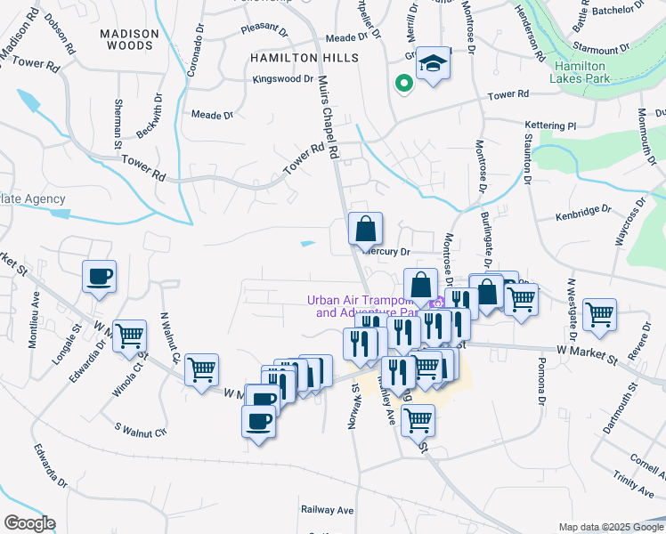 map of restaurants, bars, coffee shops, grocery stores, and more near 303 Muirs Chapel Rd in Greensboro