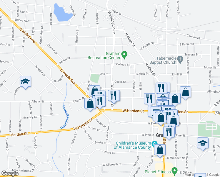 map of restaurants, bars, coffee shops, grocery stores, and more near 400 Poplar Street in Graham