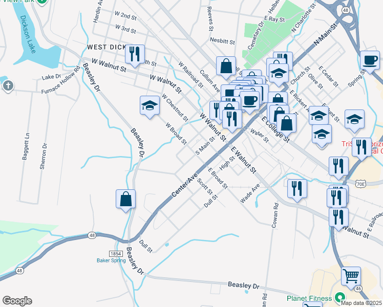 map of restaurants, bars, coffee shops, grocery stores, and more near 400 S Main St in Dickson