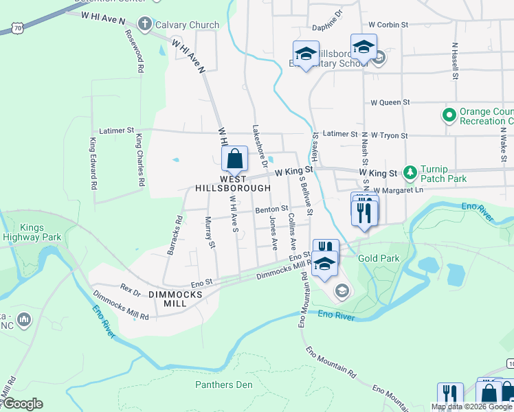 map of restaurants, bars, coffee shops, grocery stores, and more near 803 Benton Street in Hillsborough