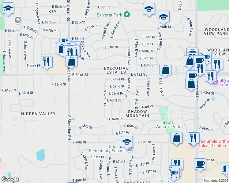 map of restaurants, bars, coffee shops, grocery stores, and more near 6929 East 62nd Place in Tulsa