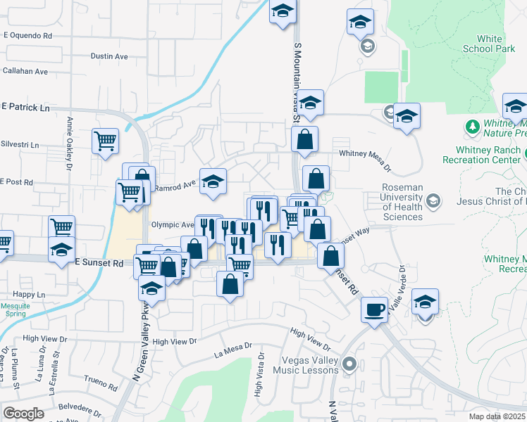 map of restaurants, bars, coffee shops, grocery stores, and more near 2050 Olympic Avenue in Henderson