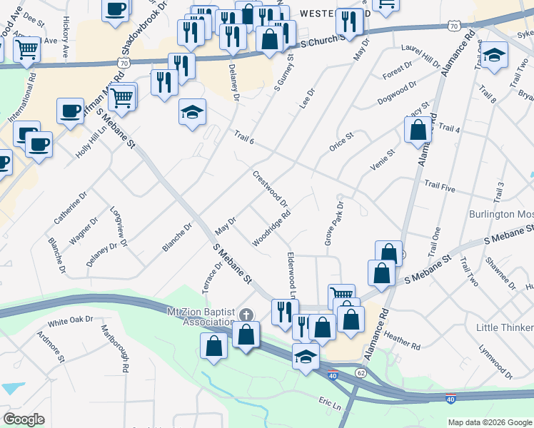 map of restaurants, bars, coffee shops, grocery stores, and more near 2702 Elderwood Lane in Burlington