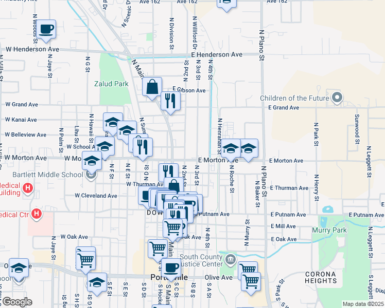 map of restaurants, bars, coffee shops, grocery stores, and more near 423 North 3rd Street in Porterville