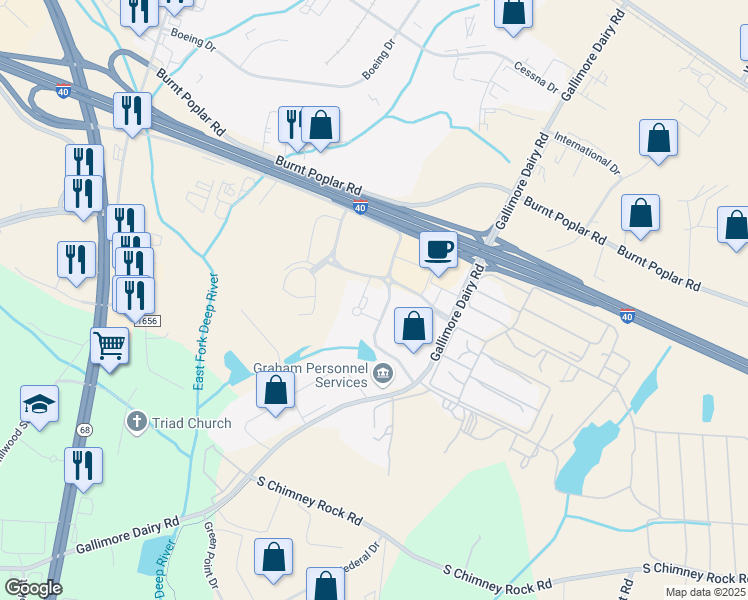 map of restaurants, bars, coffee shops, grocery stores, and more near 416 Gallimore Dairy Road in Greensboro